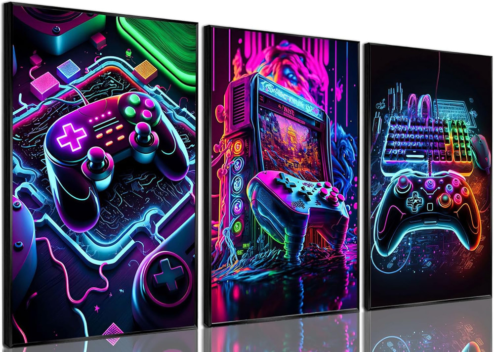 Game Room Decor Posters Set of 3 - Neon Gaming Accessories Theme Canvas Wall Art