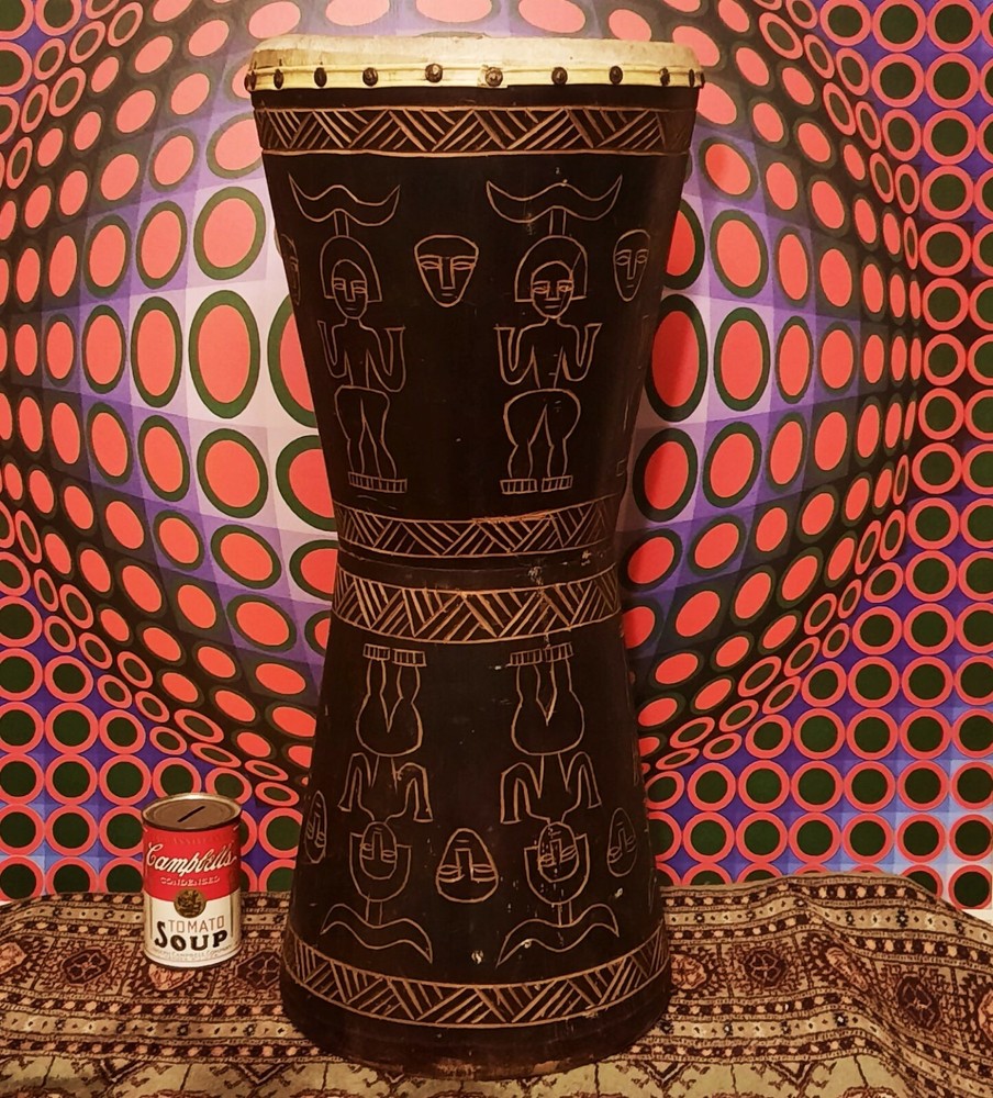 1950s DRUM vtg hawaiian tiki bar table base wood tattoo carving pacific art deco