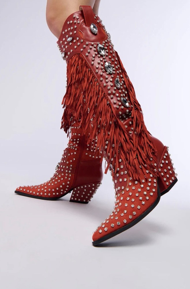 Azalea Wang Tadao red crystal fringed western boot size 8