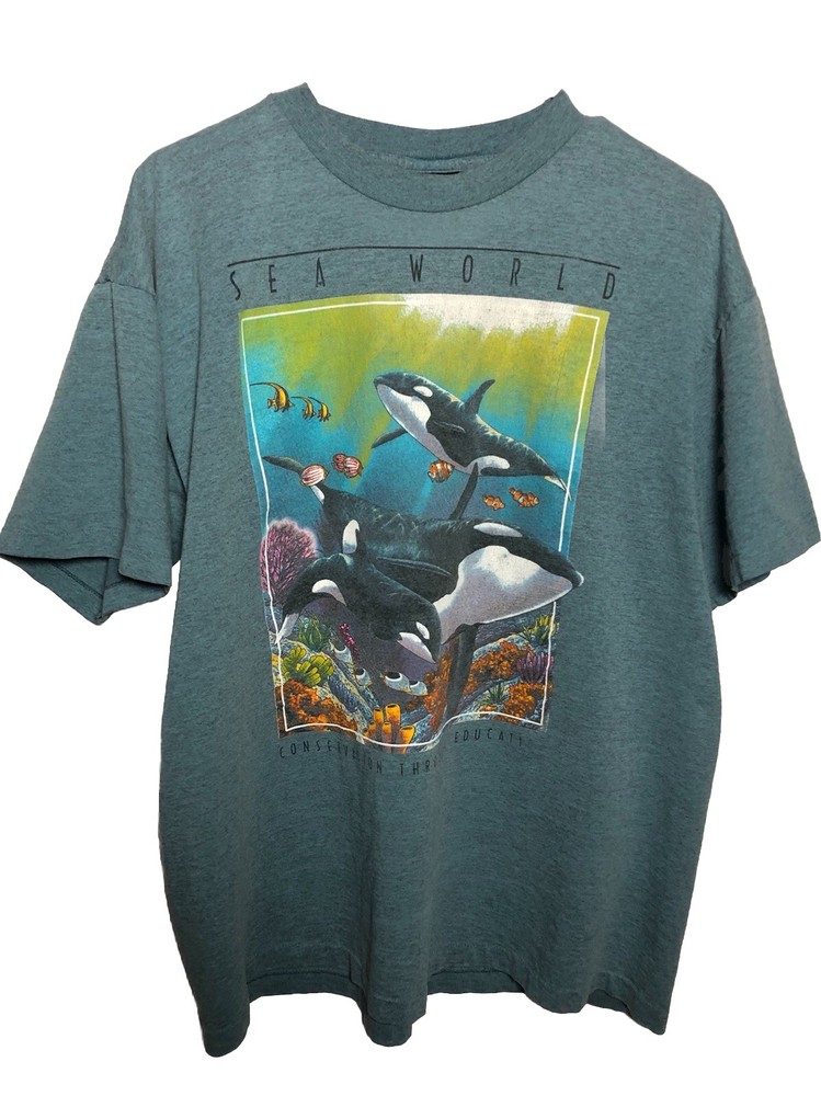 Vintage 90s Sea World Orca Whale T-Shirt Signal Sport USA XL Ocean Graphic Tee