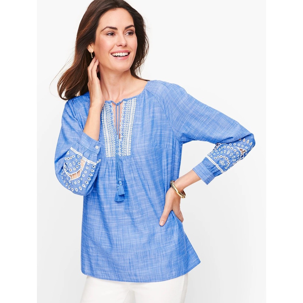 Talbots Embroidered Tassel Tie Top LP Cotton Popover Chambray Lace Coastal Beach