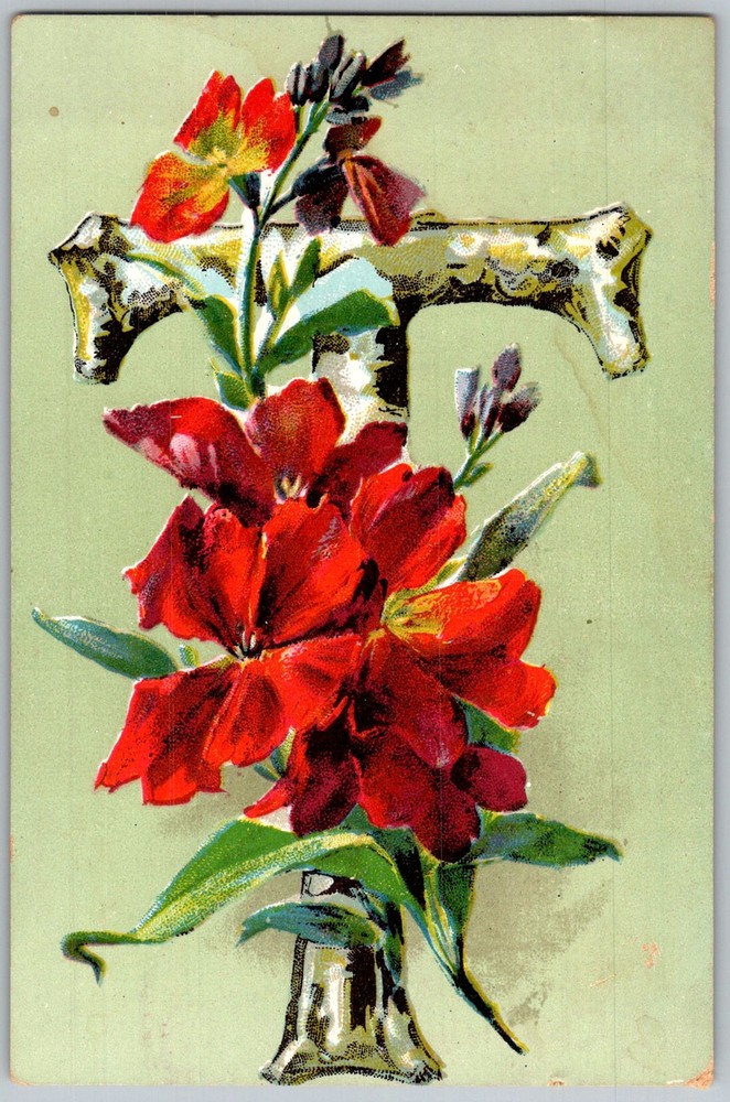 Antique Postcard Monogram Letter T Flowers 1910s