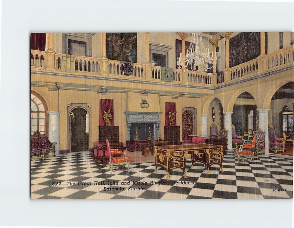 Postcard The Great Hall John & Mable Ringling Residence Sarasota Florida