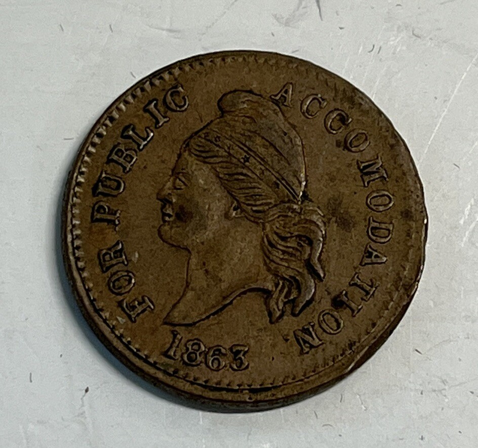 1863 KNICKERBOCKER C.W. TOKEN IOU 1, CENT TYPE 2, CROOKED CANE 2 COAT TAILS Coin