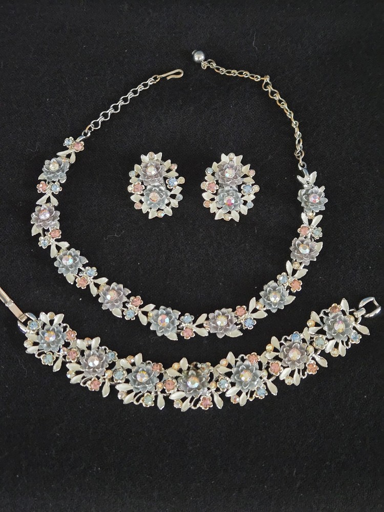 Vintage BSK Silver Metal Set with Iridescent Stones