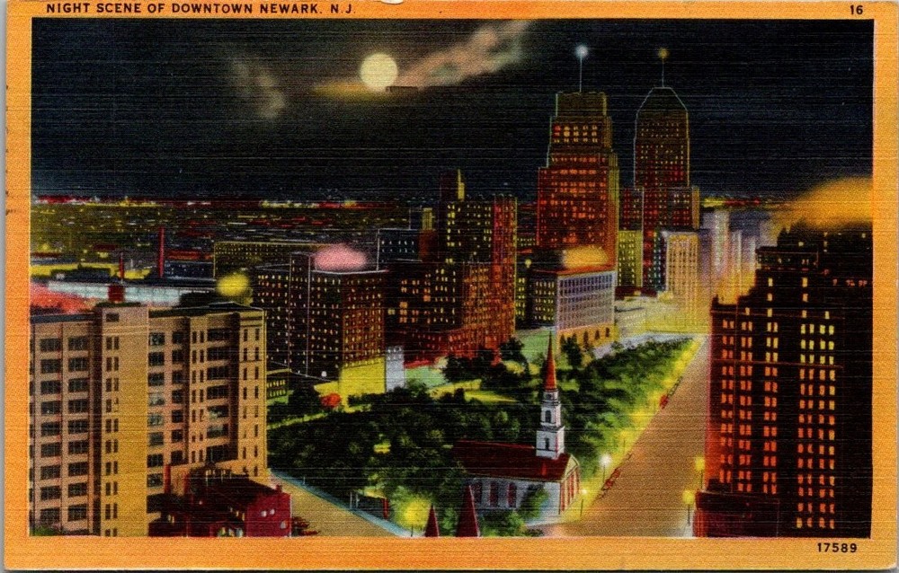 Vintage Linen Postcard Downtown Newark NJ Night Scene Moonlight 1955