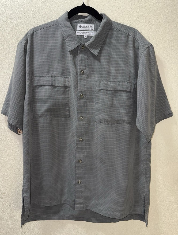 Columbia Button Up Short Sleeve Shirt Men's Med Gray Plaid GRT Outdoors Hiking
