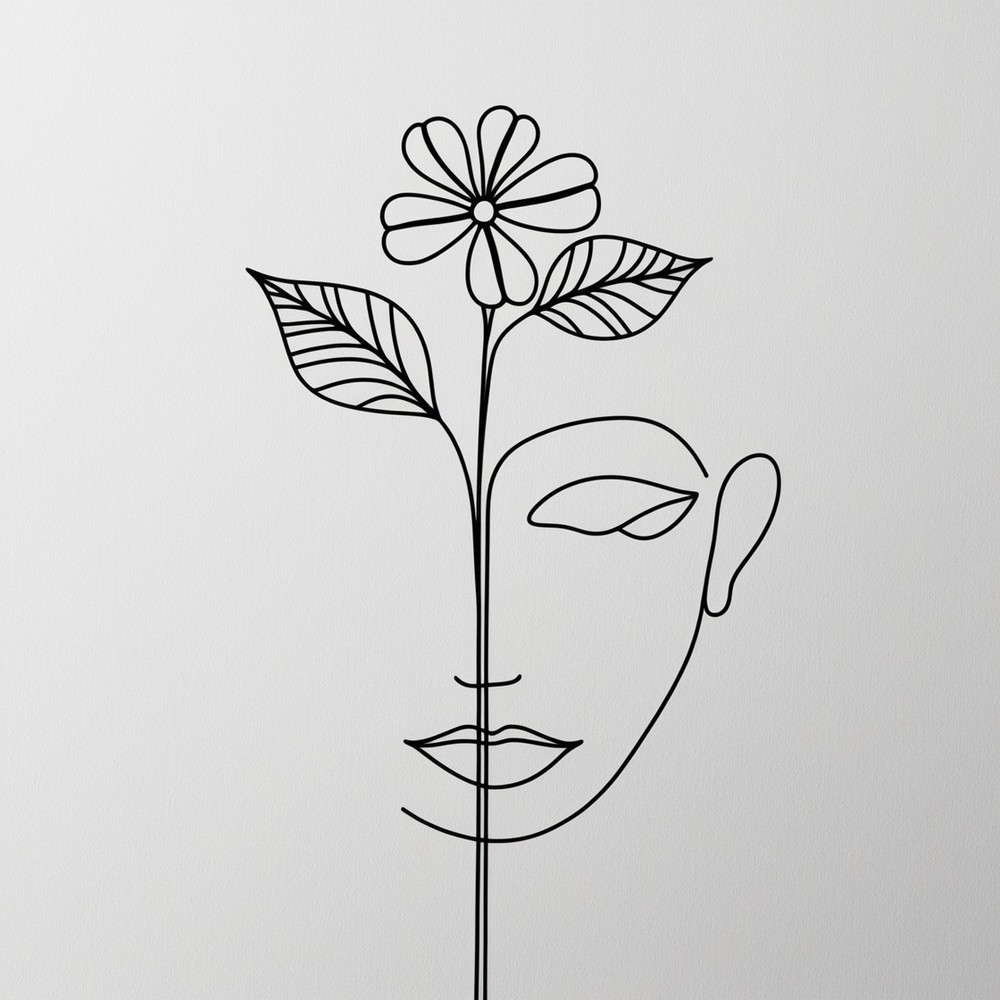 Minimalist Continuous Line Art Face with Flower – Abstract One Line Drawing-image