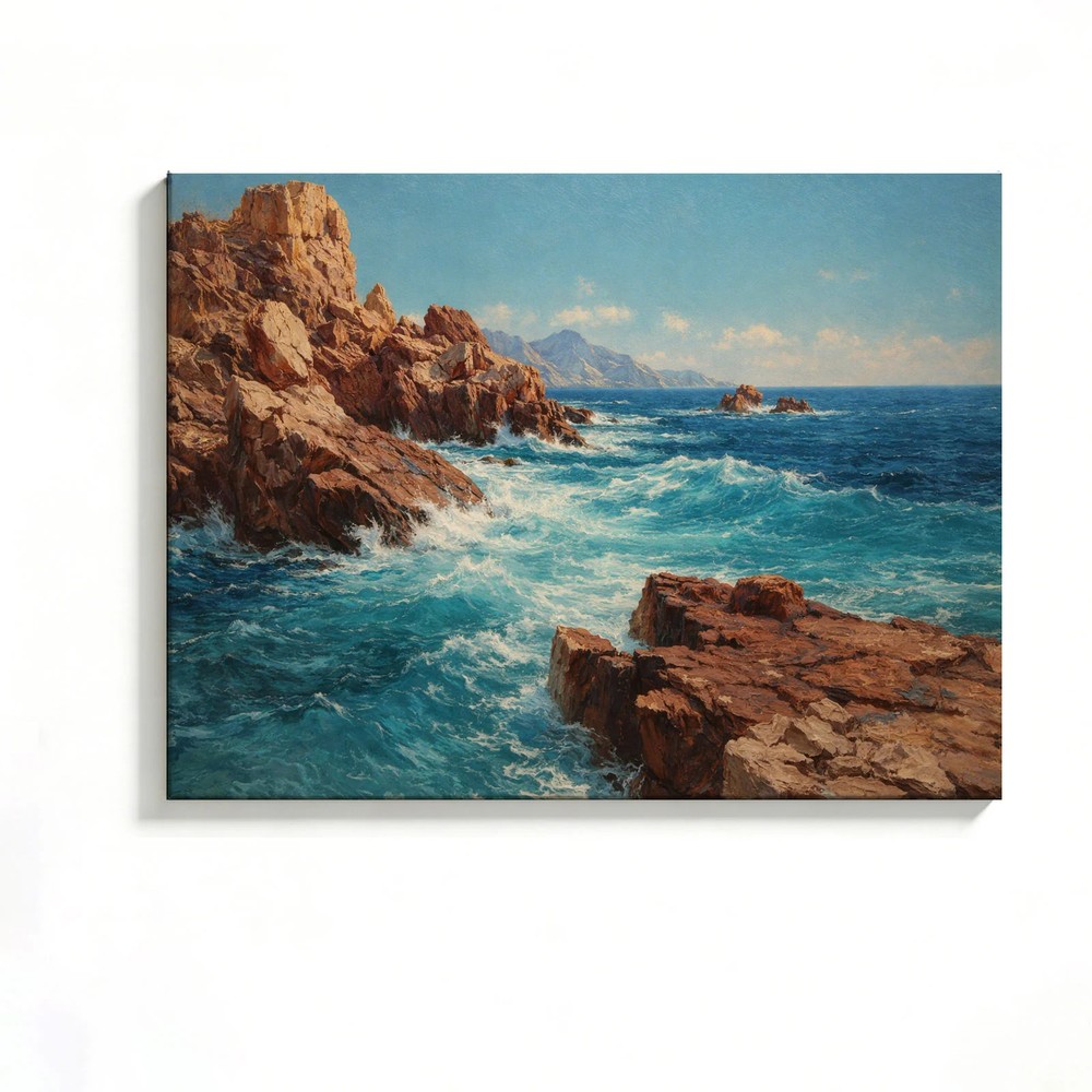Rocky Coast Ocean Canvas Painting 2D Flat Frameless Wall Art Home Office Decor