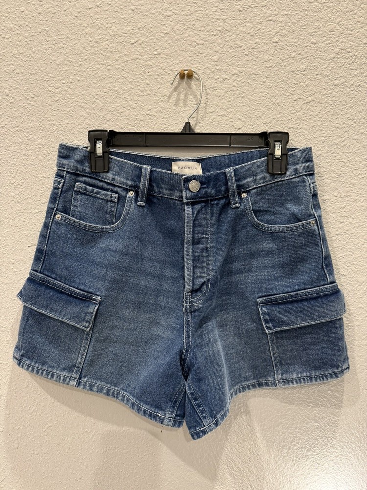 Pacsun Women's Dark Wash Denim High Rise Cargo Shorts Size 27
