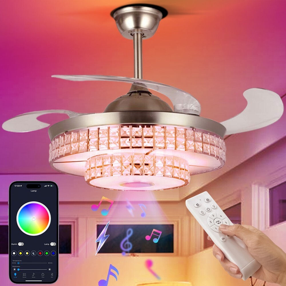 42-Inch Silver Bluetooth Ceiling Fan with 7-Color LED Light and Music Sync Chandelier