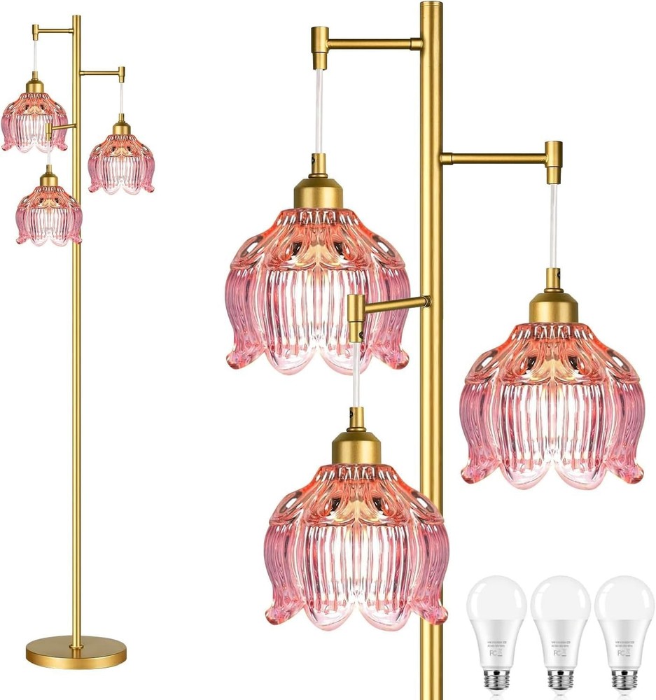 Glass Floor Lamp Living Room,Bedroom,Gold Flower Mid Century Modern Standing
