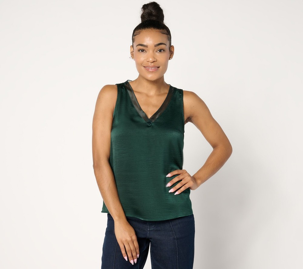 Me by Jennie Garth Women's Top Sz M Holiday Satin Tank Sheer Mesh Green A673144