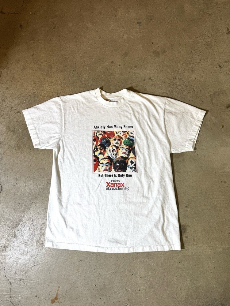 Hanes Beefy Tag Xanax Anxiety Has Many Faces T-Shirt Vintage 90s, XL