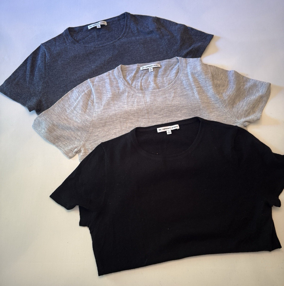 3 The Cashmere Project Short Sleeve Crew Essential Tee Sweater Top Gray Black L