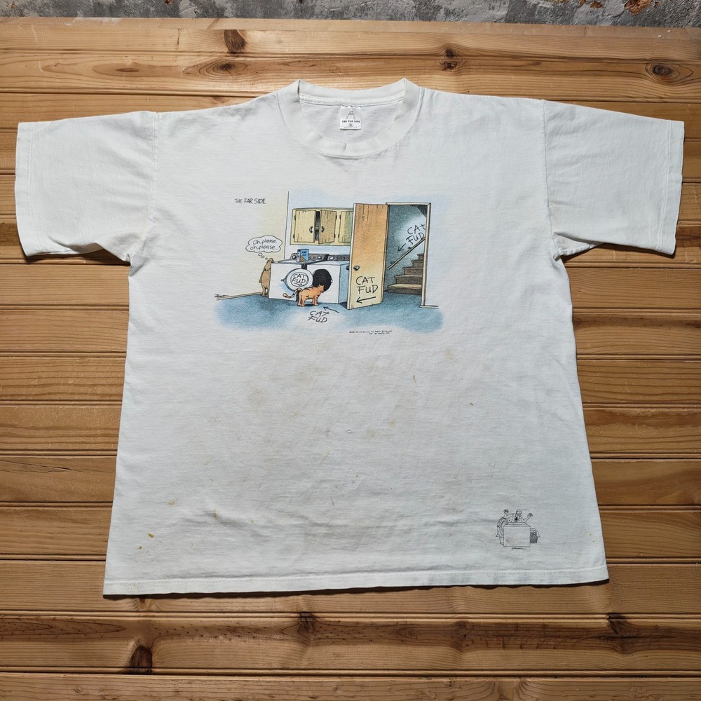 Vintage 90s The Far Side Cat Fud Gary Larson Comic Strip Graphic T-Shirt USA XL