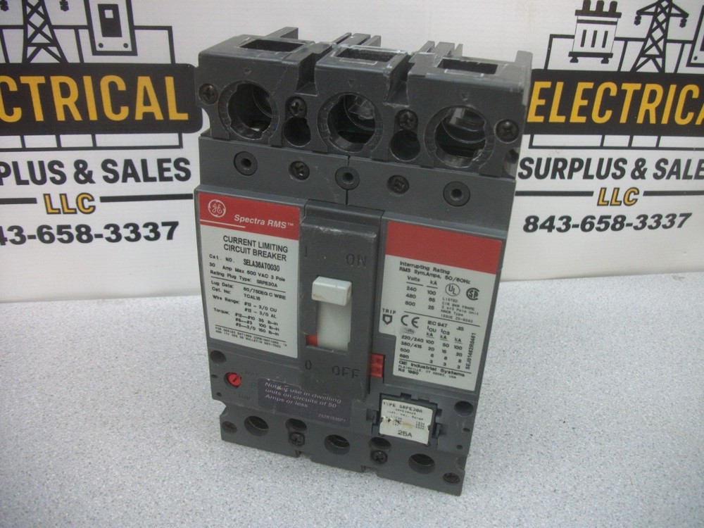 Ge Spectra Sela Circuit Breaker Sela36At0030 30Amp 600Volt 3Pole W/25A Trip