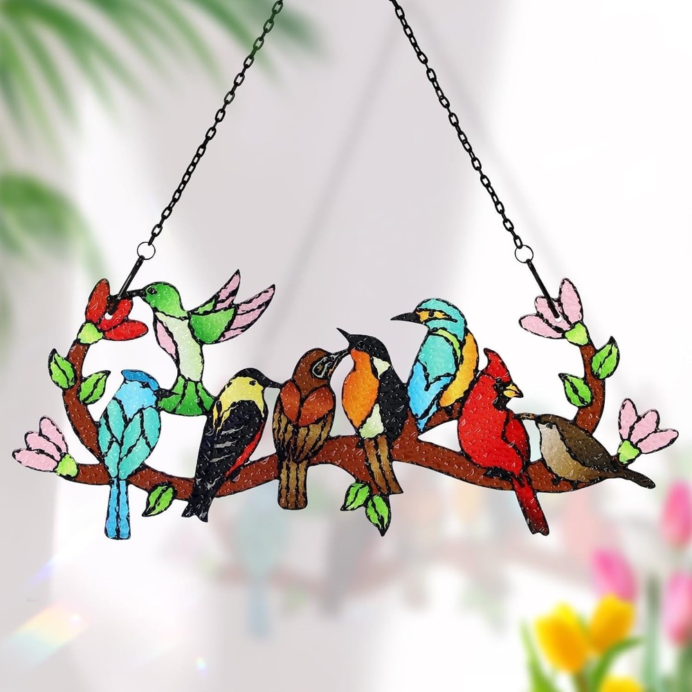 Stained Glass Birds Suncatcher Cardinal Hummingbird Double Sided Window Hanging