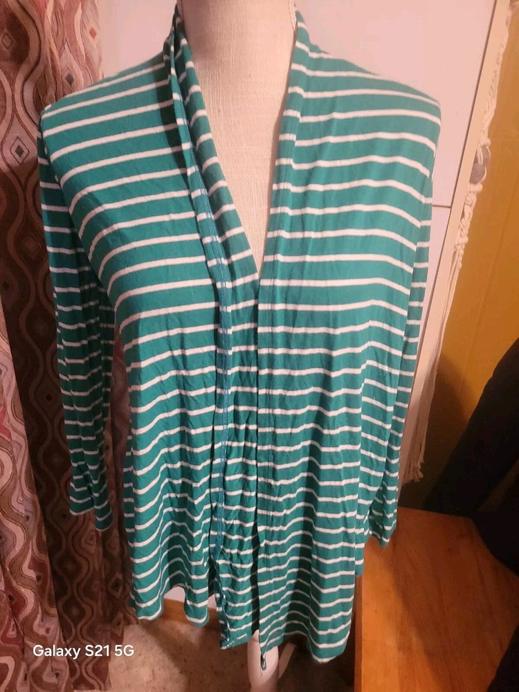 Womens Green Striped Medium Cardigan Blouse