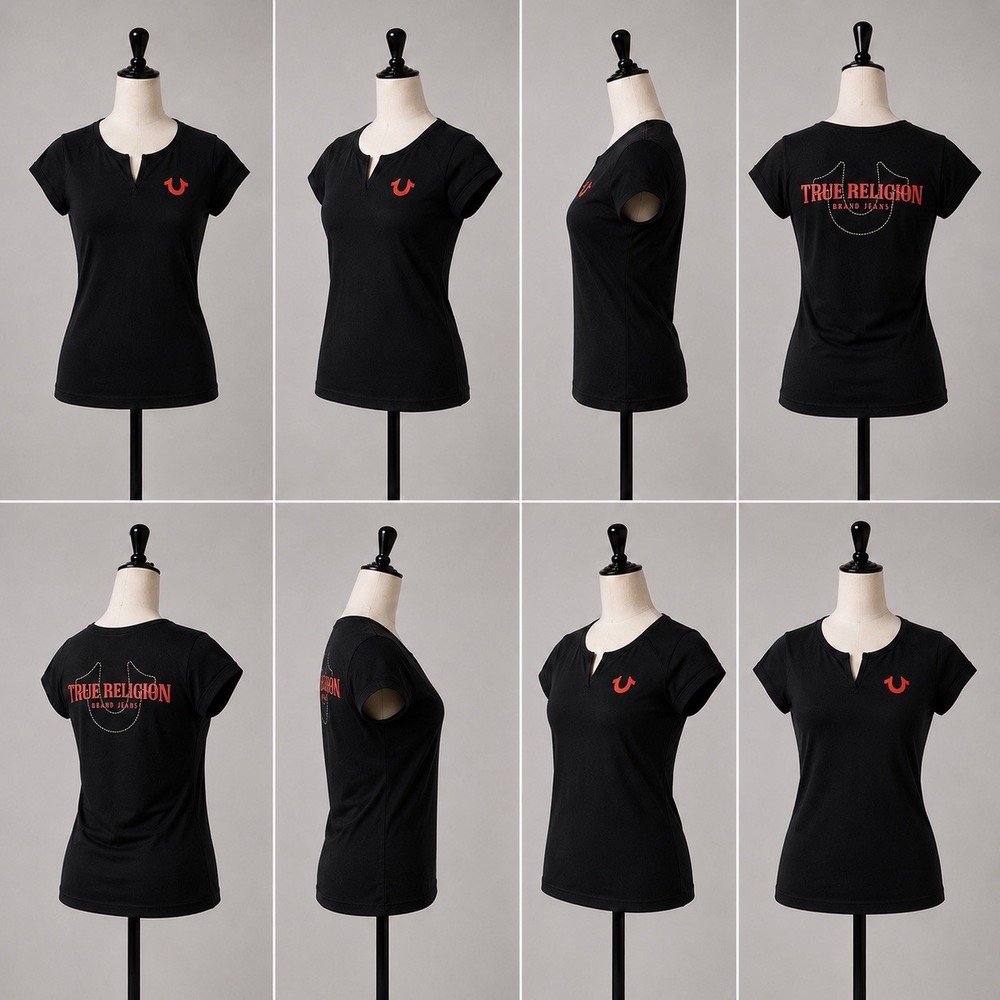 True Religion Women's Black Split Neck Logo Cotton Jersey T-Shirt Size L