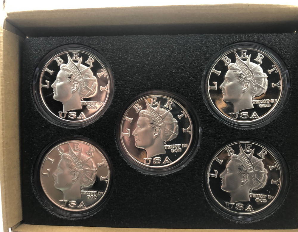 2003 Silver 1 oz NORFED Liberty $10 Proof-Like  Big E Long Hair x5 in capsules!