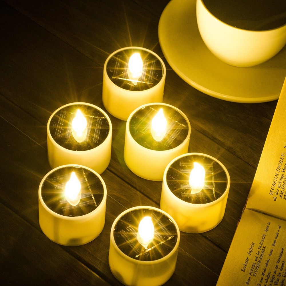 6pcs Solar Power Tea Lights Outdoor Candle Flameless Flicker Ip65 Waterproof Rec