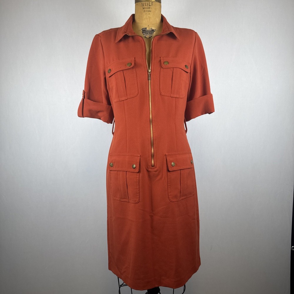 Sharagano Utility Shirt Dress Sz 6 Orange Zip Front Roll Tab Pockets Stretch