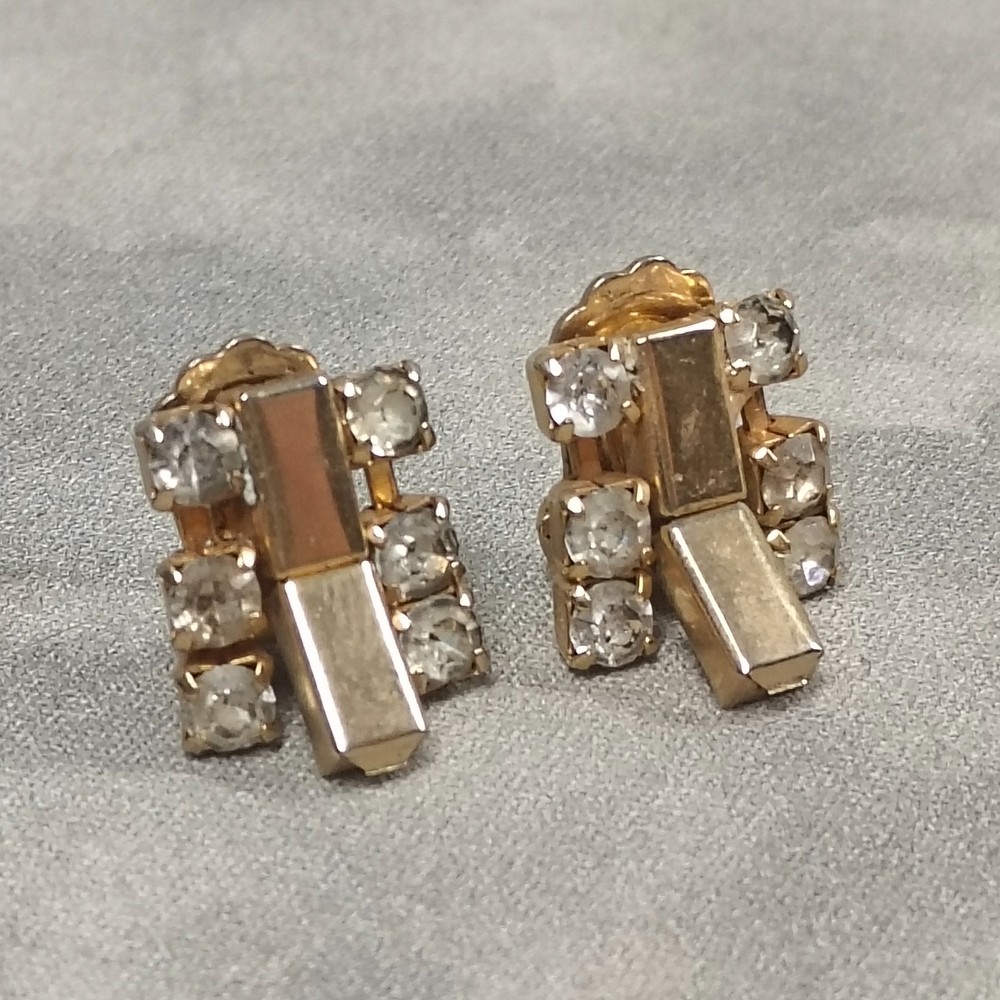 1950s Gold Tone Clear Rhinestone Geometric Clip On Earrings Vintage RetroCostume