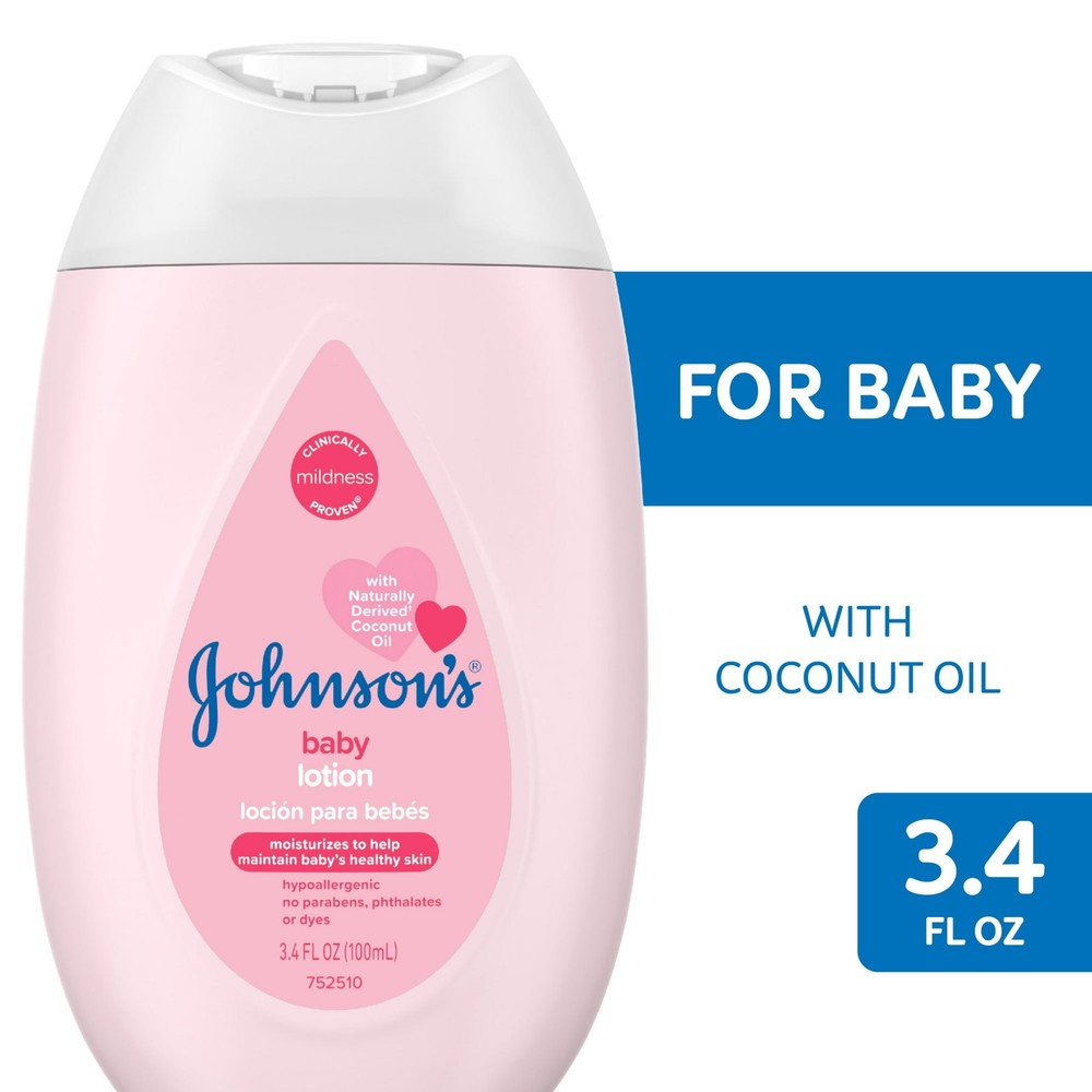Johnson's Moisturizing Mild Pink Baby Body Lotion Coconut Oil 3.4 Floz (3 Pack)