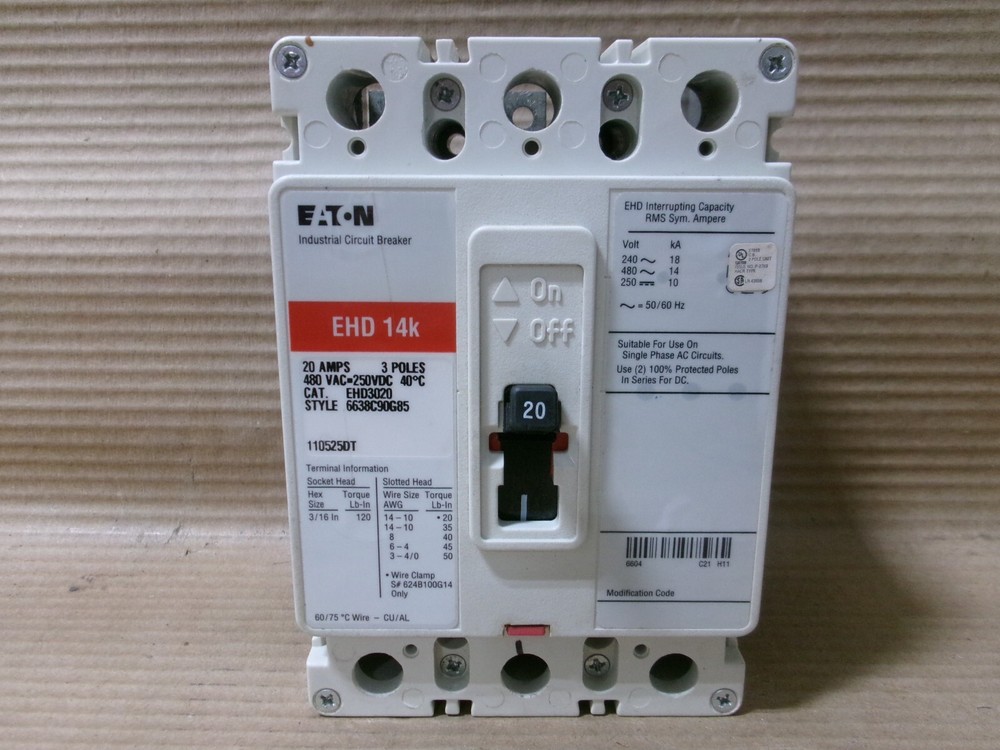 Cutler Hammer Eaton Ehd Ehd3020 20 Amp 480V Circuit Breaker Flawed #16
