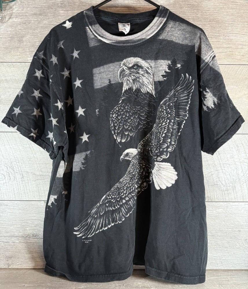 VTG Fruit Of The Loom Bald Eagle USA Flag All Over Print AOP Tee Shirt Size XL
