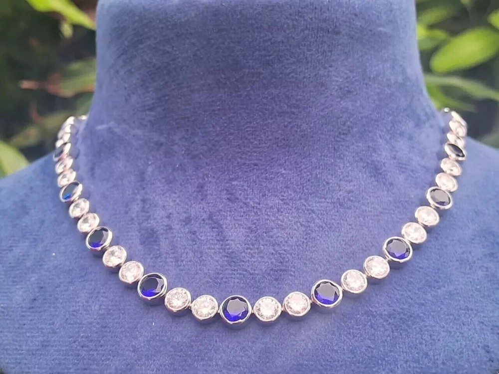 4MM Round Lab Sapphire Choker Necklace in 14K White Gold Plated 16 Inch