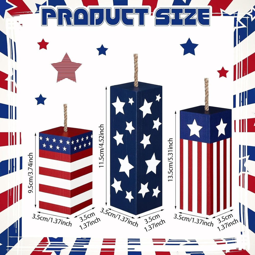 3 Pcs 4Th of July Wood Firecracker Decorations Patriotic Table Centerpieces Glit