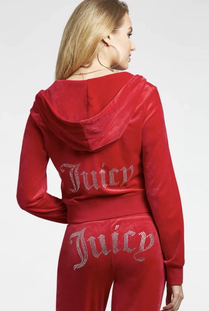 Juicy Couture Red  Velour Zip Up Rhinestone Jacket OG Bling Women's Small