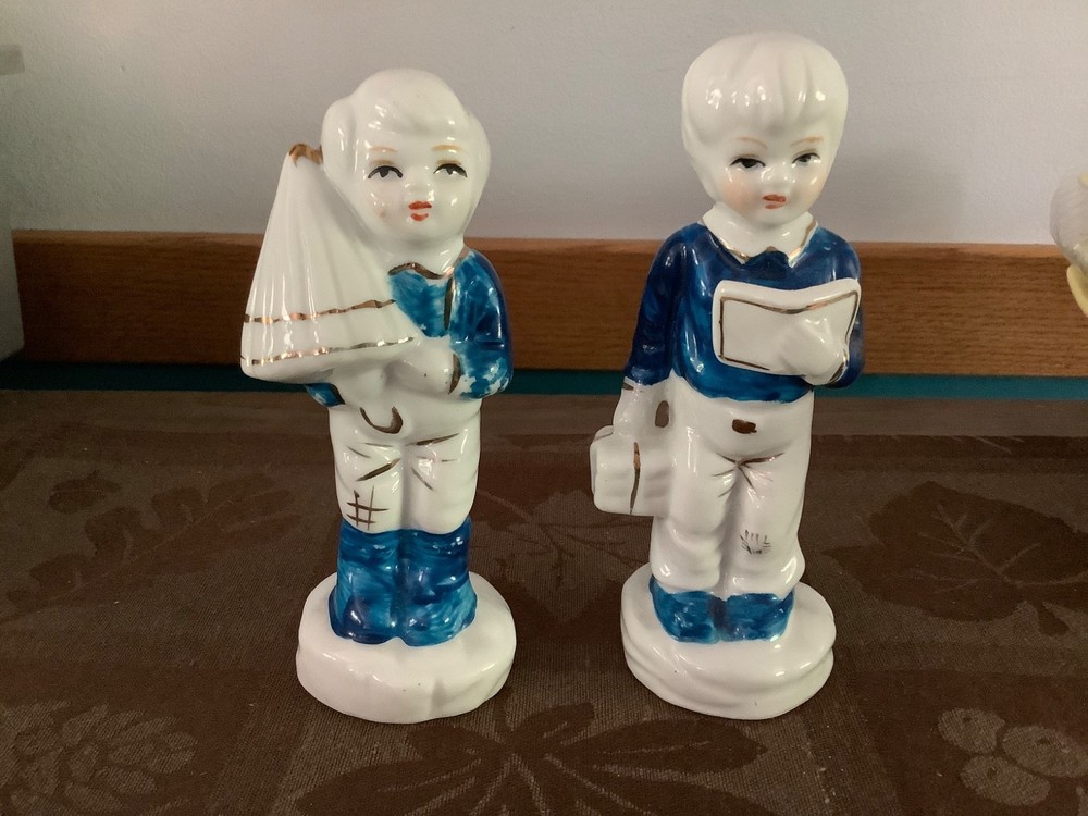 Vintage Porcelain Figurines Blue & White Boys Set of 2