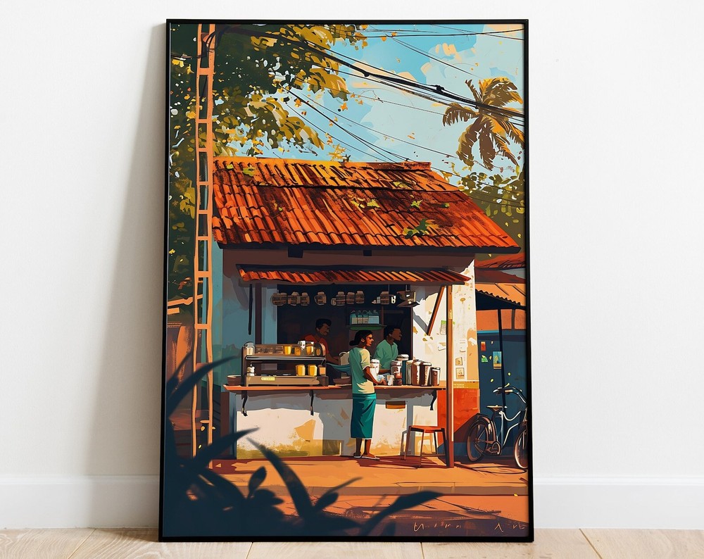 Kerala Chai Shop Painting Tropical Village Art Print Tea Shop Wall Art Decor