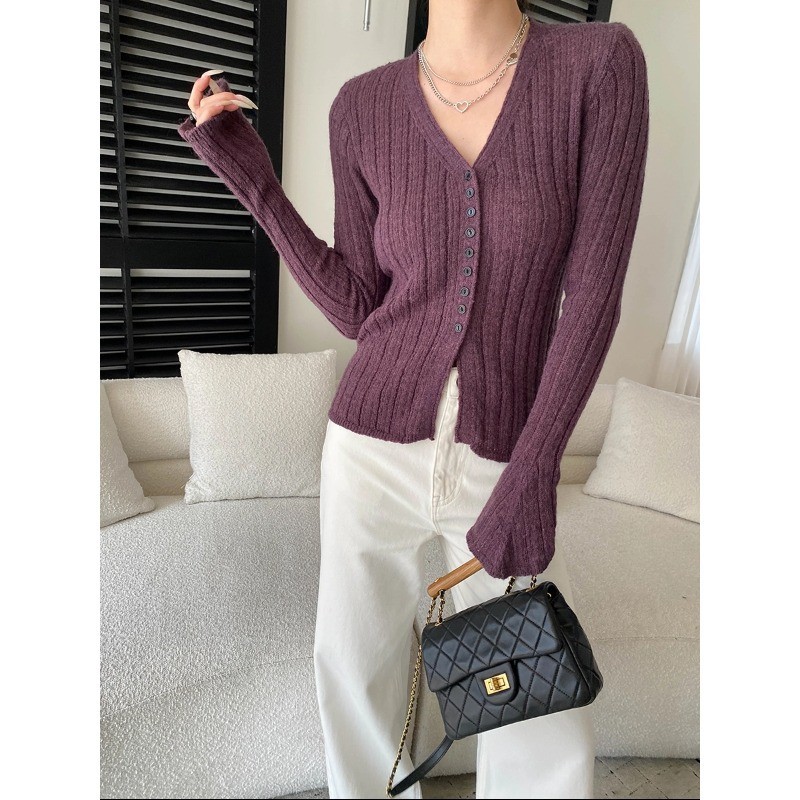 Spring New Womens Slim Fit V Neck Long Sleeve Casual Knitted Button Top Cardigan