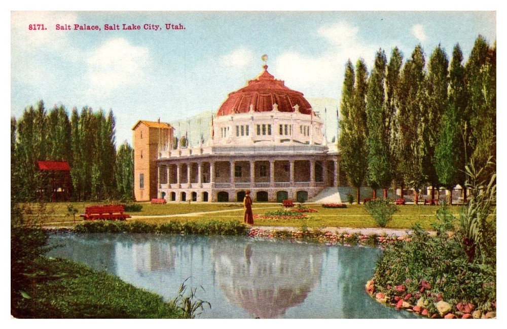 c1910 Garden Pond View Historic Salt Palace Salt Lake City Utah Vintage Postcard