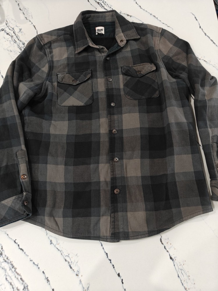 Volcom Workwear Flannel Shirt Mens L Plaid Button Up Lined Gray Outdoor Skate