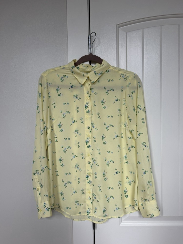 Banana Republic Women's S Yellow Floral Collared Long Sleeve Button-Up Blouse