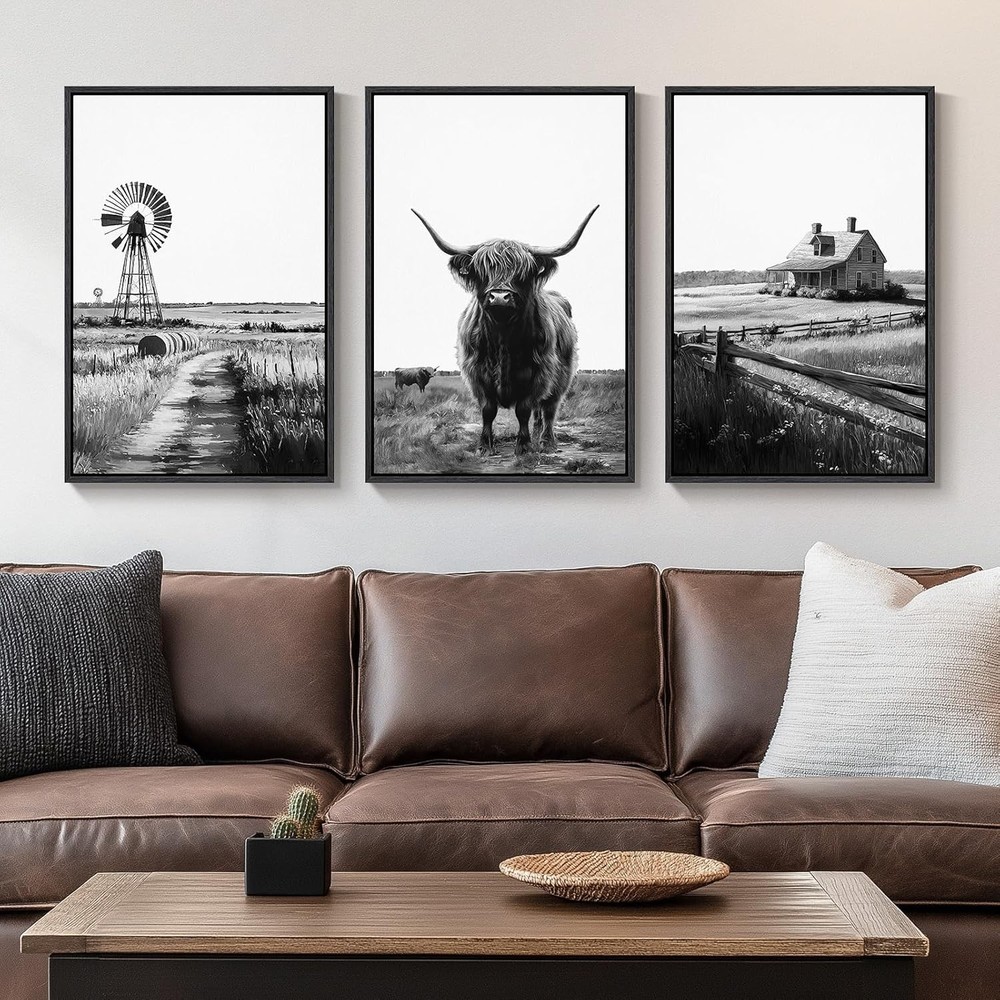 Framed Highland Cow Wall Art for Living Room, 3 Piece Black and White Farmhouse