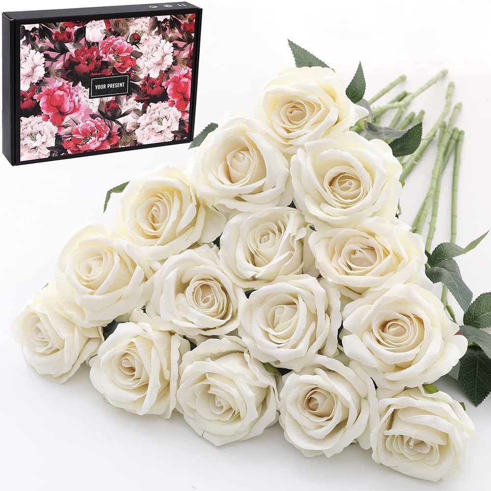15Pcs Artificial Roses Velet Real Touch Single Stem Fake Roses Silk Realistic...