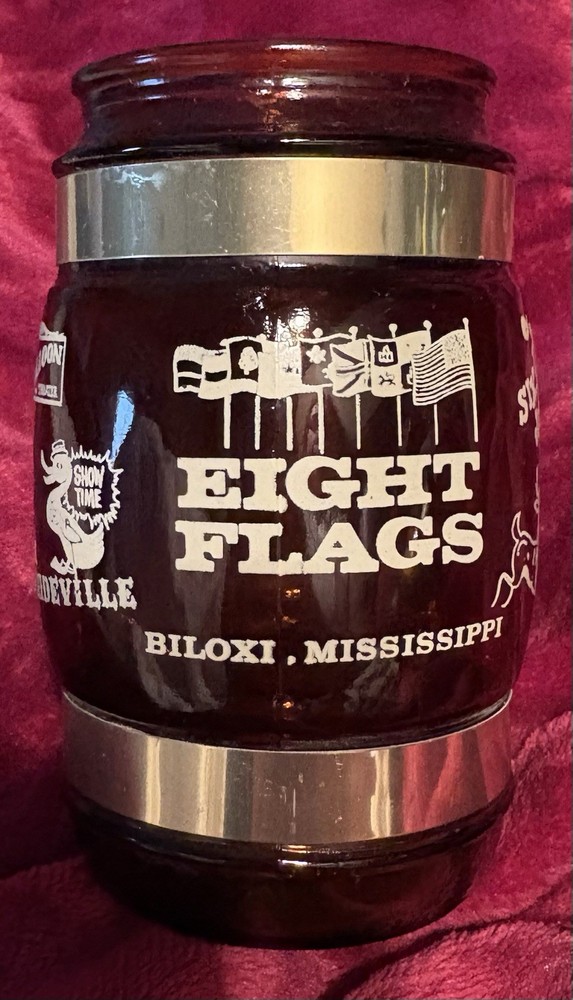 Siesta Ware Brown Barrel Glass Mug Wood Handle Brass Trim Western Eight Flags