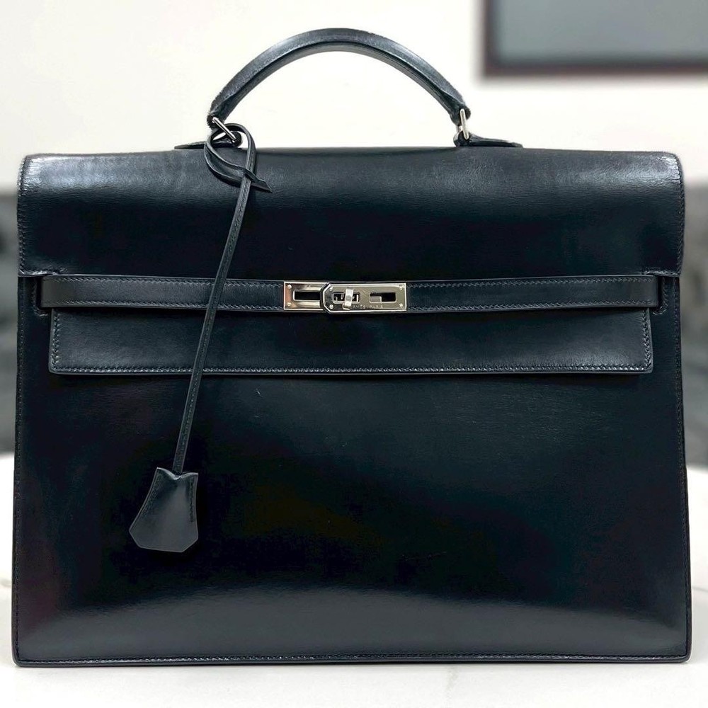 Hermes Kelly Depeche 38 Box Calf Black Business Bag Used Small Scratches