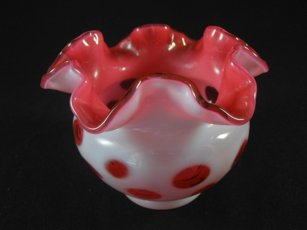 Fenton Cranberry Opalescent Coin Dot Ruffled Rose Glass Bowl Vase