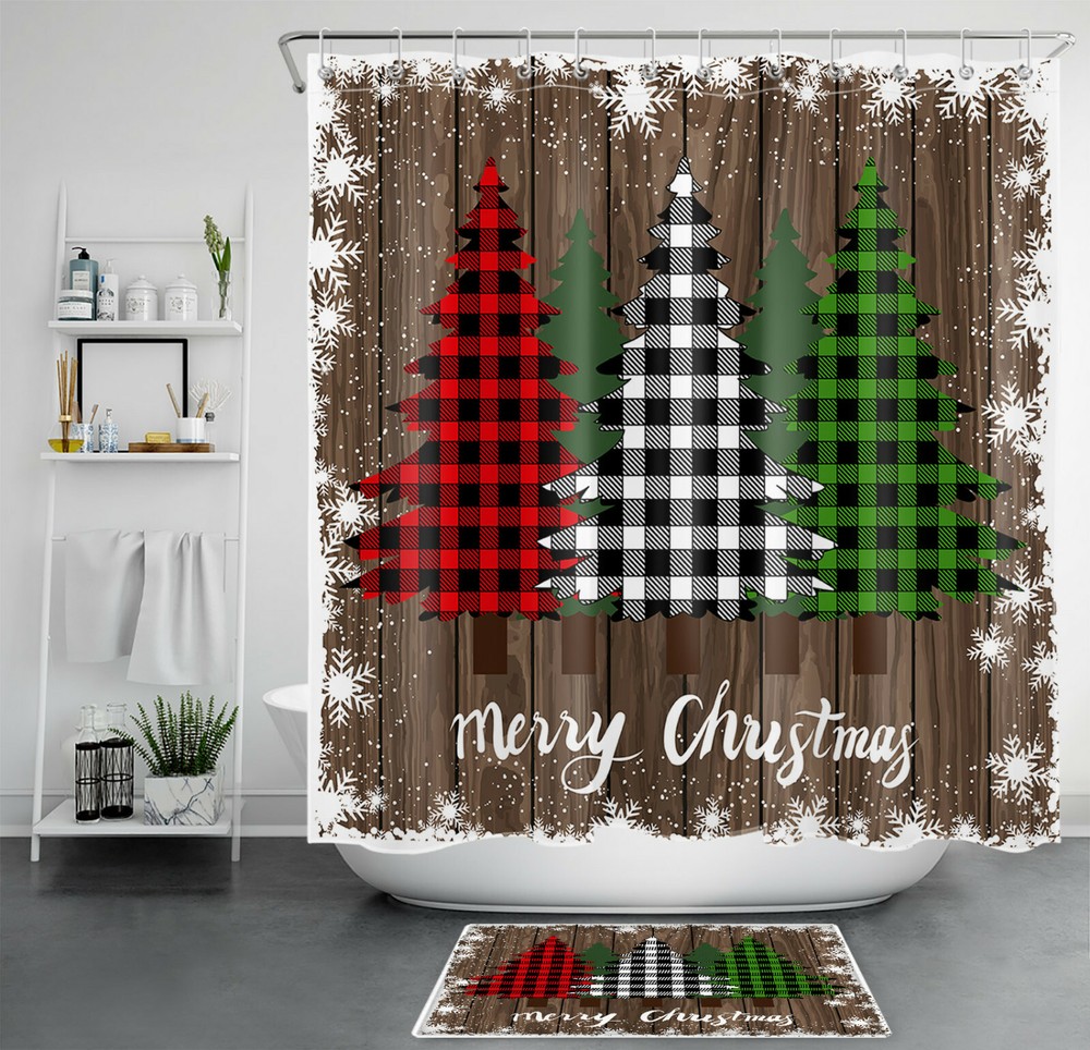 Christmas Check Plaid Tree Rustic Board Shower Curtain Bathroom Accessories Set