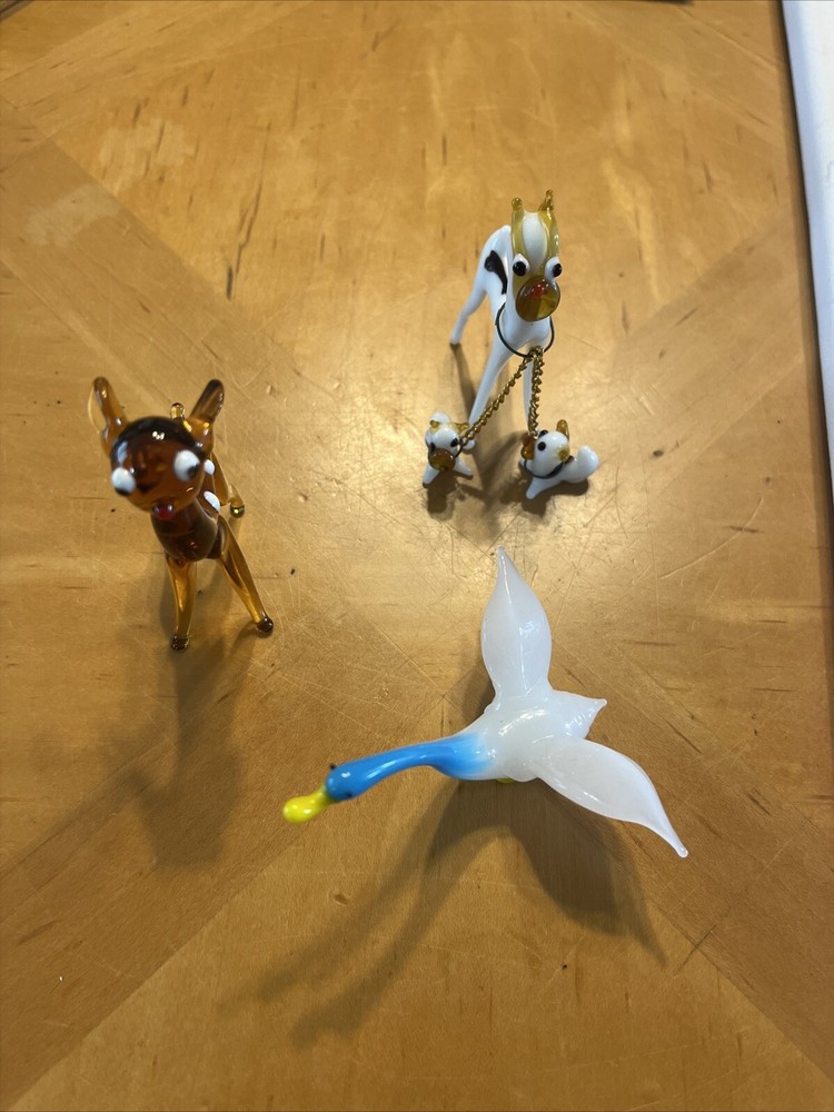 5 Miniature Hand Blown Glass Animals Figurines (Deer, Dog With Puppies and Swan)