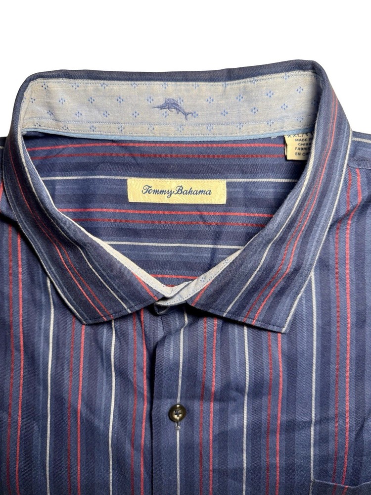 Tommy Bahama Men’s 2XL Button-Down Navy Blue Red Stripe 73% Cotton 24% Silk