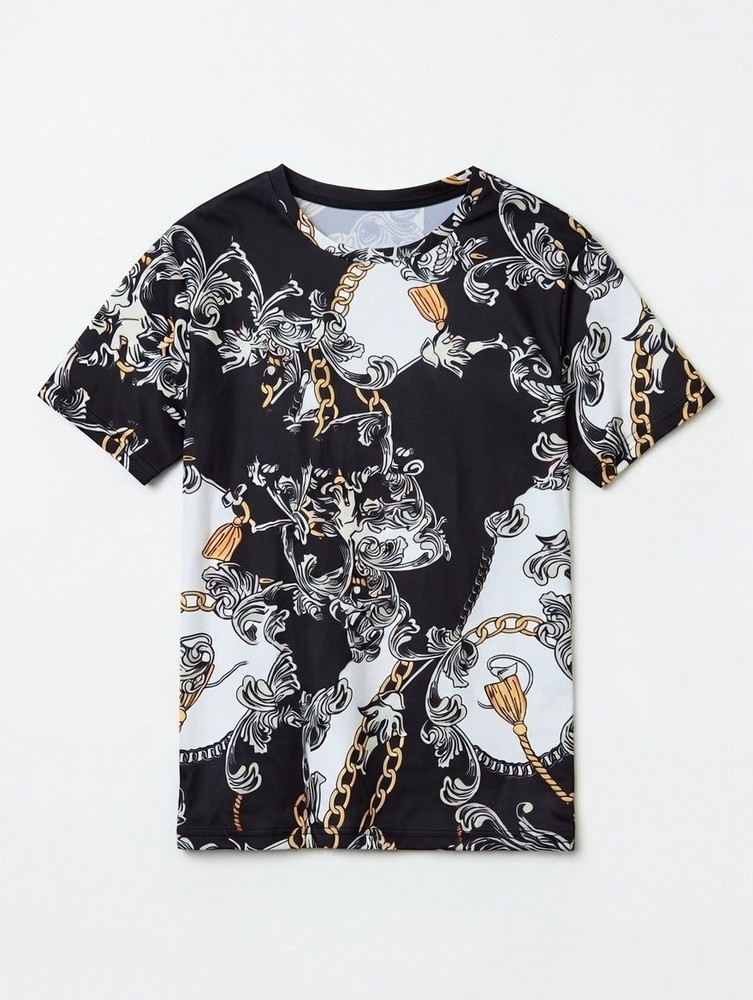 Men's Black White Gold Baroque Chain Graphic Print Short Sleeve T-Shirt Size M