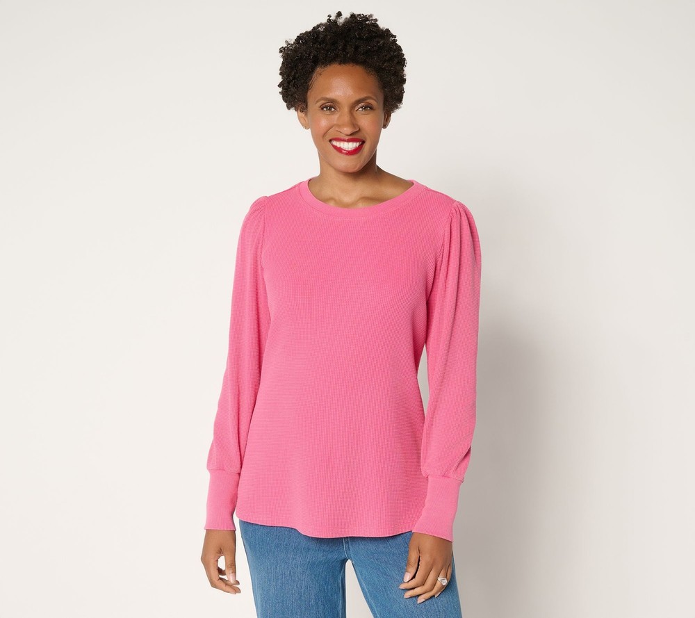 Maya J Women's Top Sz S Snow Washed Waffle Knit Crew Neck Pink A707202